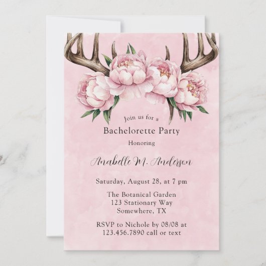 Boho Antler en Pink Peonies vrijgezellenfeest Kaart (Voorkant)