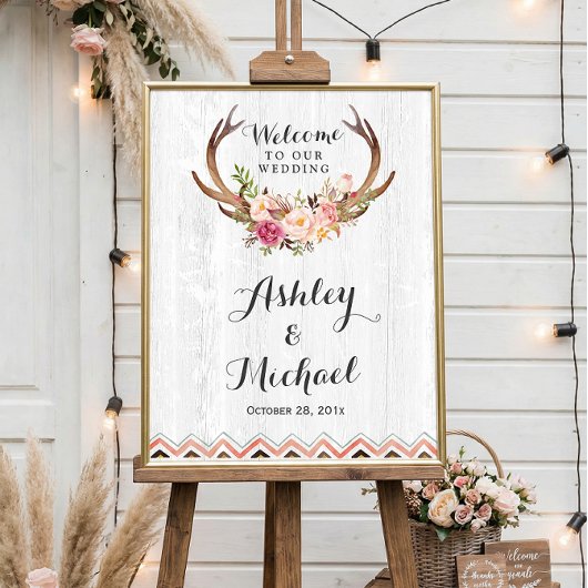 Boho Antler Floral Rustic White Wood Wedding Sign Poster