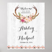 Boho Antler Floral Rustic White Wood Wedding Sign Poster (Voorkant)