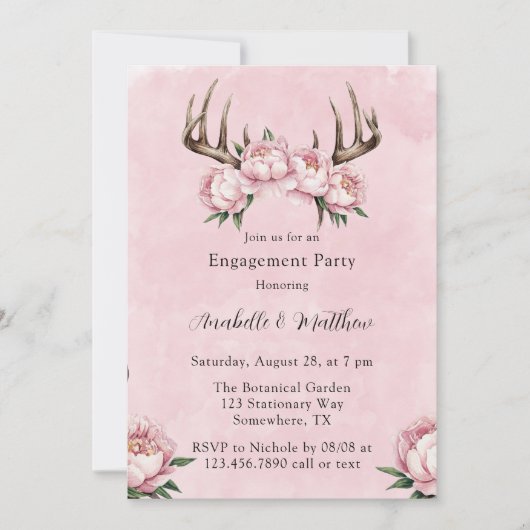 Boho Antler met Pink Peonies Engagement Party Kaart (Voorkant)