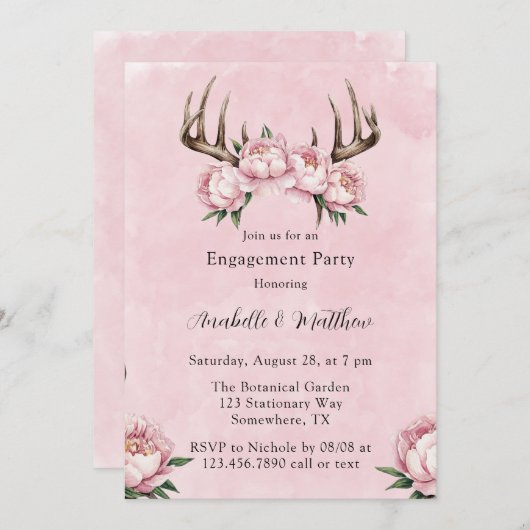 Boho Antler met Pink Peonies Engagement Party Kaart (Voorkant / Achterkant)