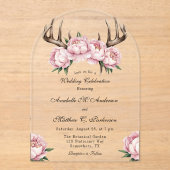 Boho Antler met Pink Pioenenbruiloft Acryl Uitnodigingen (Voorkant)