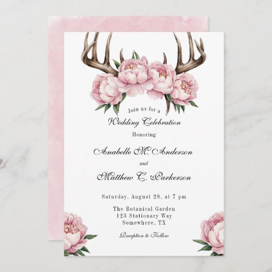 Boho Antler met Pink Pioenenbruiloft Kaart (Voorkant / Achterkant)