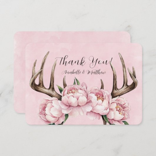 Boho Antler met roze pioenen bruiloft Bedankkaart (Voorkant / Achterkant)