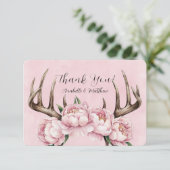 Boho Antler met roze pioenen bruiloft Bedankkaart (Staand voorkant)