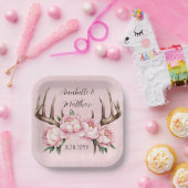 Boho Antler met roze pioenen bruiloft Papieren Bordje (Feest)