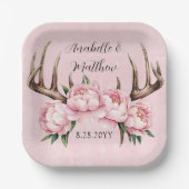 Boho Antler met roze pioenen bruiloft Papieren Bordje (Voorkant)