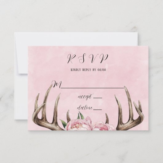 Boho Antler met roze pioenen bruiloft RSVP Kaartje (Voorkant)