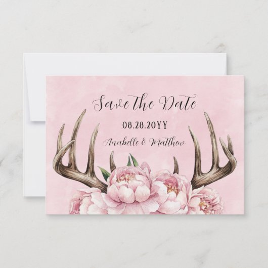 Boho Antler met roze pioenen bruiloft Save The Date (Voorkant)