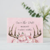 Boho Antler met roze pioenen bruiloft Save The Date (Staand voorkant)