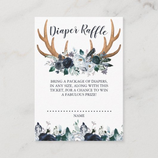 Boho Antler Navy Floral Baby shower Diaper Raffle Informatiekaartje (Voorkant)