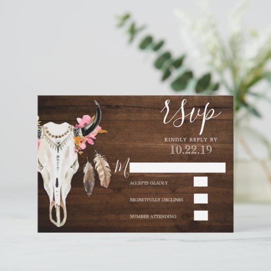 Boho Antler rustiek donker hout bruiloft RSVP Kaartje (Staand voorkant)
