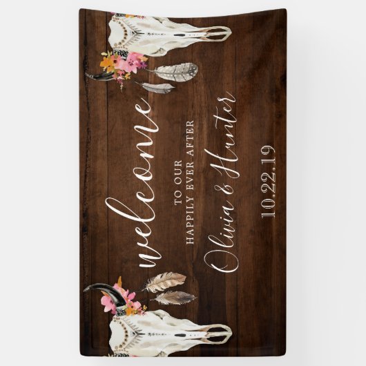 Boho Antler schedel donker hout bruiloft welkom ba Spandoek (Verticaal)