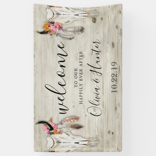 Boho Antler schedel licht hout bruiloft welkom Spandoek (Verticaal)