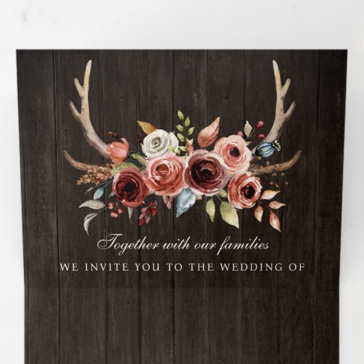 Boho Antler Terracotta Floral QR Code Wood Weddens Drieluik Uitnodiging (Binnenzijde eerst)