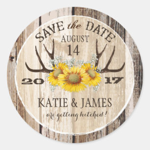 Boho Antler Zonnebloemen Hout Save the Date Ronde Sticker