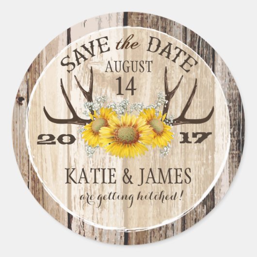 Boho Antler Zonnebloemen Hout Save the Date Ronde Sticker (Voorkant)