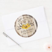 Boho Antler Zonnebloemen Hout Save the Date Ronde Sticker (Envelop)