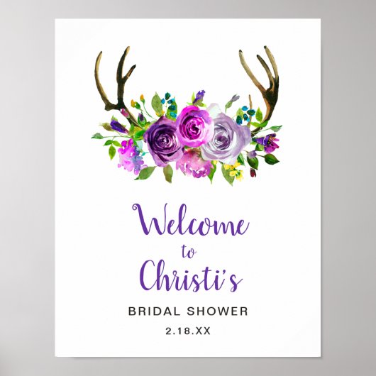 Boho Antlers Bloemige Bruiloft Feest Welkomstbord Poster (Voorkant)