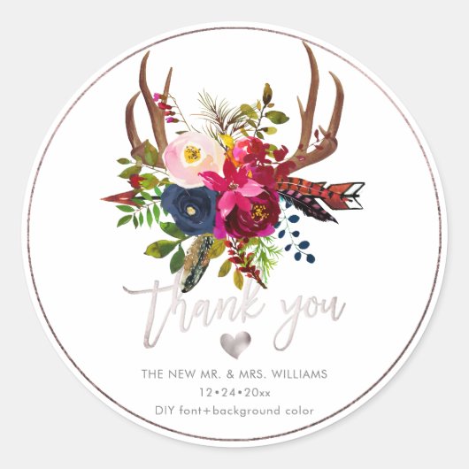 Boho Antlers+Bourgondië Blush Navy Flowers|Dank je Ronde Sticker (Voorkant)