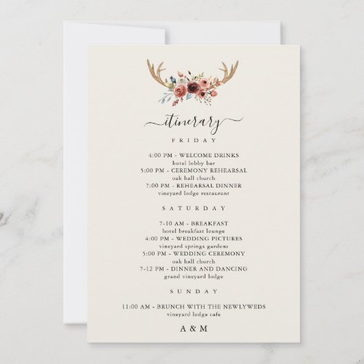 Boho Antlers bruiloft welkomstbrief reisschema Kaa Kaart (Achterkant)