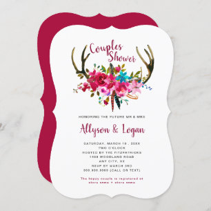 Boho Antlers Fuchsia Pink Floral Couples Shower Kaart