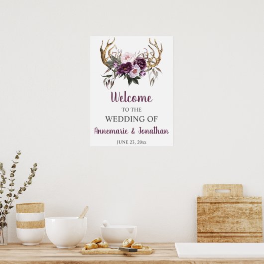 Boho Antlers Paars Plum Pink Peonies Welkom Poster (Keuken)
