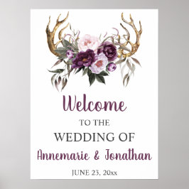 Boho Antlers Paars Plum Pink Peonies Welkom Poster
