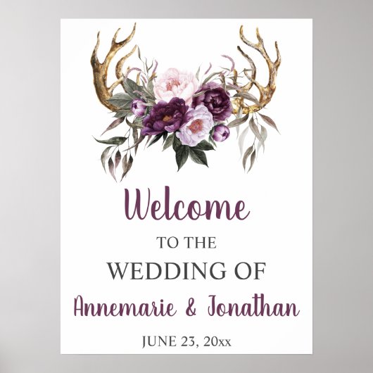 Boho Antlers Paars Plum Pink Peonies Welkom Poster (Voorkant)