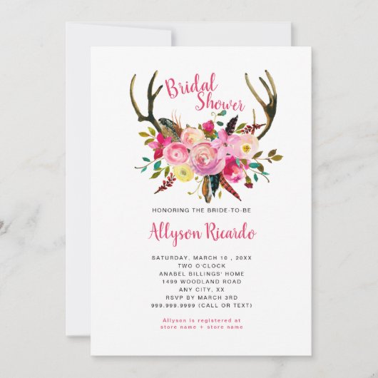 Boho Antlers Roze Mix Bloemen Vrijgezellenfeest Kaart (Voorkant)