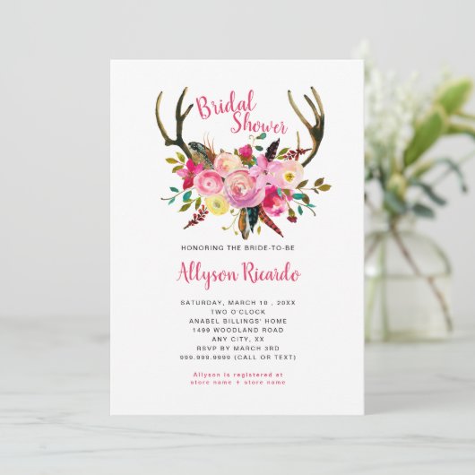 Boho Antlers Roze Mix Bloemen Vrijgezellenfeest Kaart (Staand voorkant)