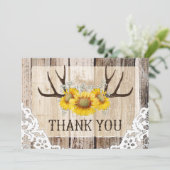 Boho Antlers Rustic Wood Sunflower Dankuwel Bedankkaart (Staand voorkant)