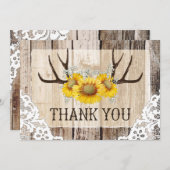 Boho Antlers Rustic Wood Sunflower Dankuwel Bedankkaart (Voorkant / Achterkant)