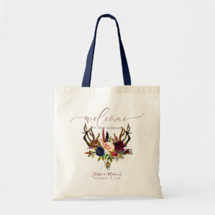 Boho Antlers + Skull Burgundy Flowers Welkom cadea Tote Bag