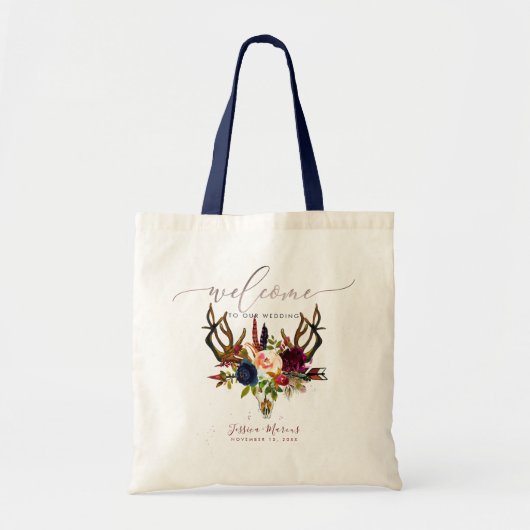 Boho Antlers + Skull Burgundy Flowers Welkom cadea Tote Bag (Voorkant)