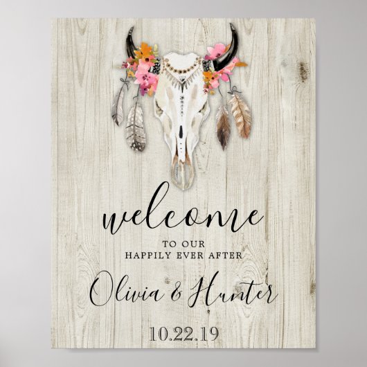 Boho Antlers Skull Wood Welkomsthuwelijk Poster (Voorkant)