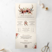 Boho Antlers Terracotta Floral QR Code Weddenschap Drieluik Uitnodiging (Binnen)