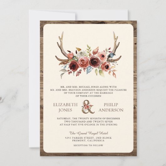 Boho Antlers Terracotta Floral QR Code Weddenschap Kaart (Voorkant)