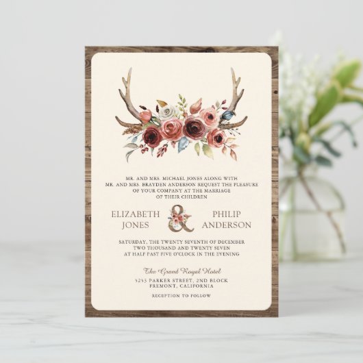 Boho Antlers Terracotta Floral QR Code Weddenschap Kaart (Staand voorkant)