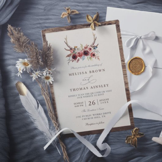 Boho Antlers Terracotta Floral QR Code Wedding Kaart