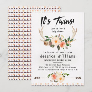Boho Antlers Twins Baby shower Invitation Kaart