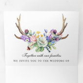 Boho Antlers Wilde Floral QR Code Weddenschap Drieluik Uitnodiging (Binnenzijde eerst)