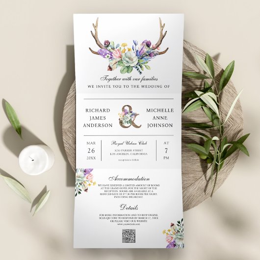 Boho Antlers Wilde Floral QR Code Weddenschap Drieluik Uitnodiging