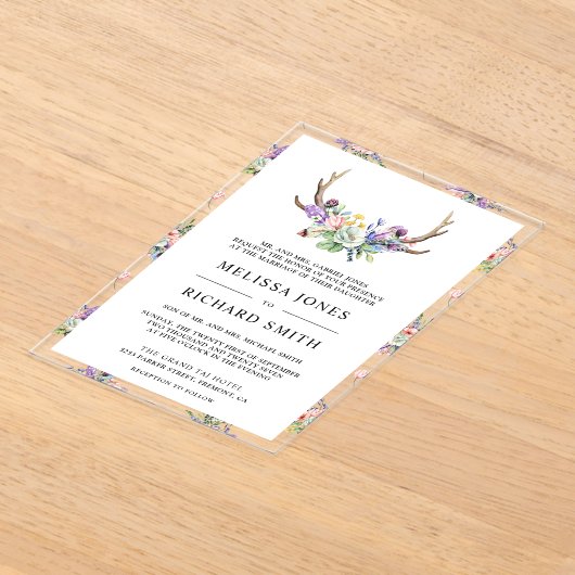 Boho Antlers Wildflower Wedding Acryl Uitnodigingen (Laagn)