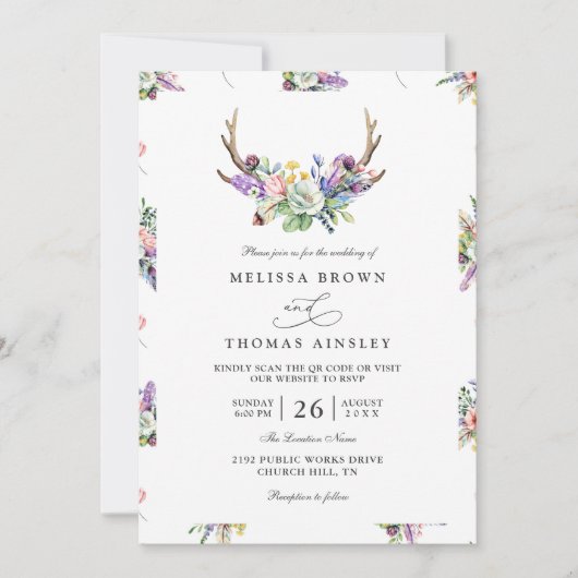 Boho Antlers Wildflowers Rustic QR Code Wedding Kaart (Voorkant)