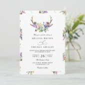 Boho Antlers Wildflowers Rustic QR Code Wedding Kaart (Staand voorkant)