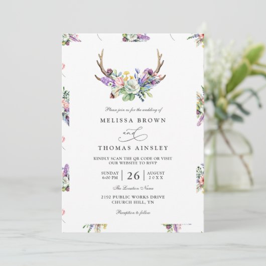 Boho Antlers Wildflowers Rustic QR Code Wedding Kaart (Staand voorkant)