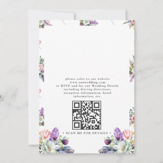 Boho Antlers Wildflowers Rustic QR Code Wedding Kaart (Achterkant)