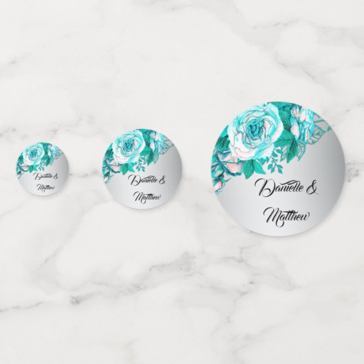 Boho Aqua Rozen op Zilveren Bruiloft Confetti (Voorkanten)