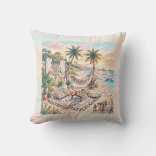 Boho Aquarel Tropisch Strand Zonsondergang Picknic Kussen (Voorkant)